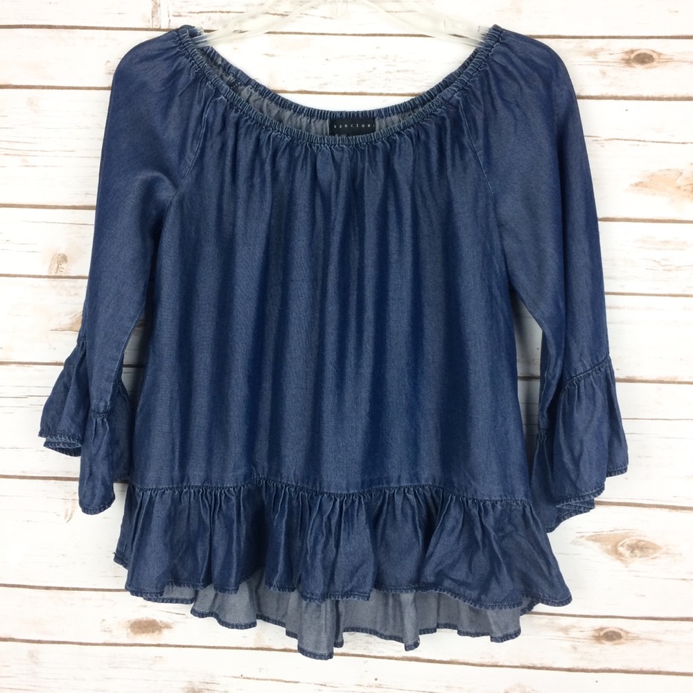 Sanctuary Chambray‎ 3/4 Sleeve Ruffle Top Size S